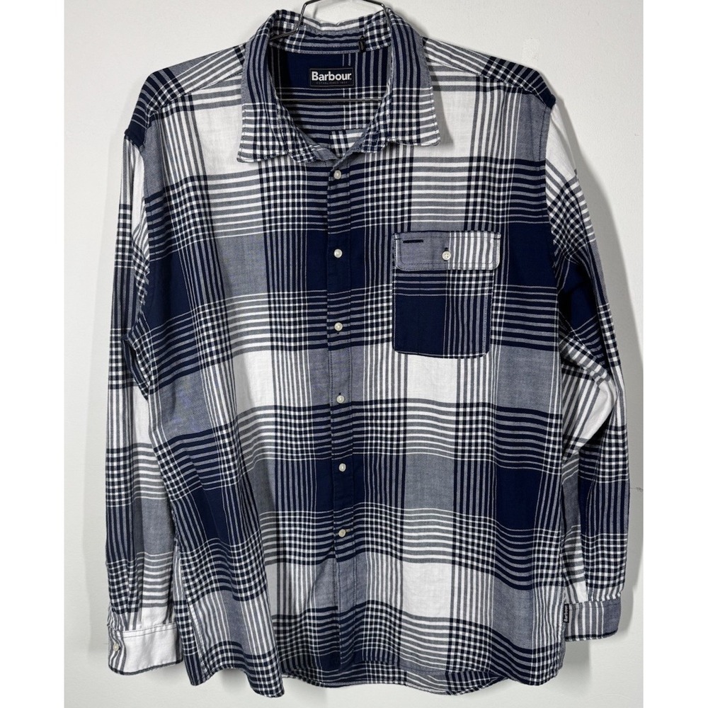 Barbour Mens Long Sleeve Button Up Shirt White Blue Plaid Cotton Pocket Size XXL